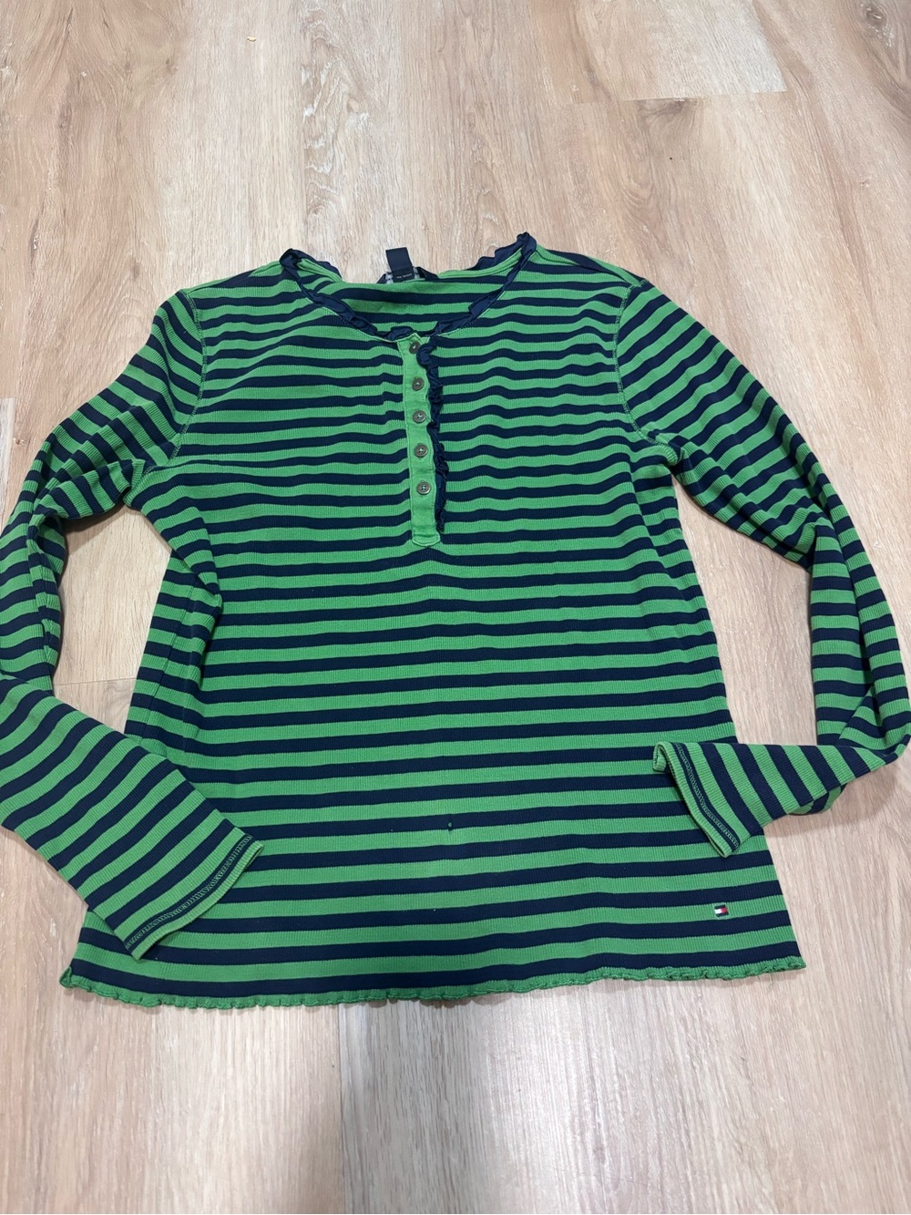 Y2K Tommy Hilfiger Green & Navy Striped Henley Long Sleeve Top